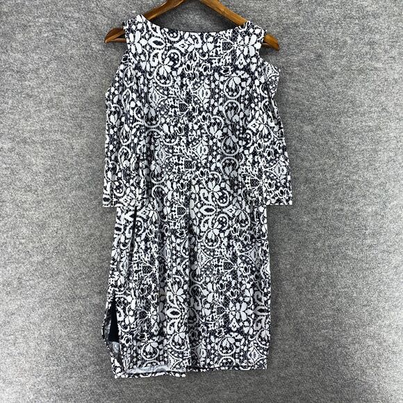Claudia Ev Dress Women L Large White Geometric Shift Midi Cold Shoulder Lined - Picture 2 of 7